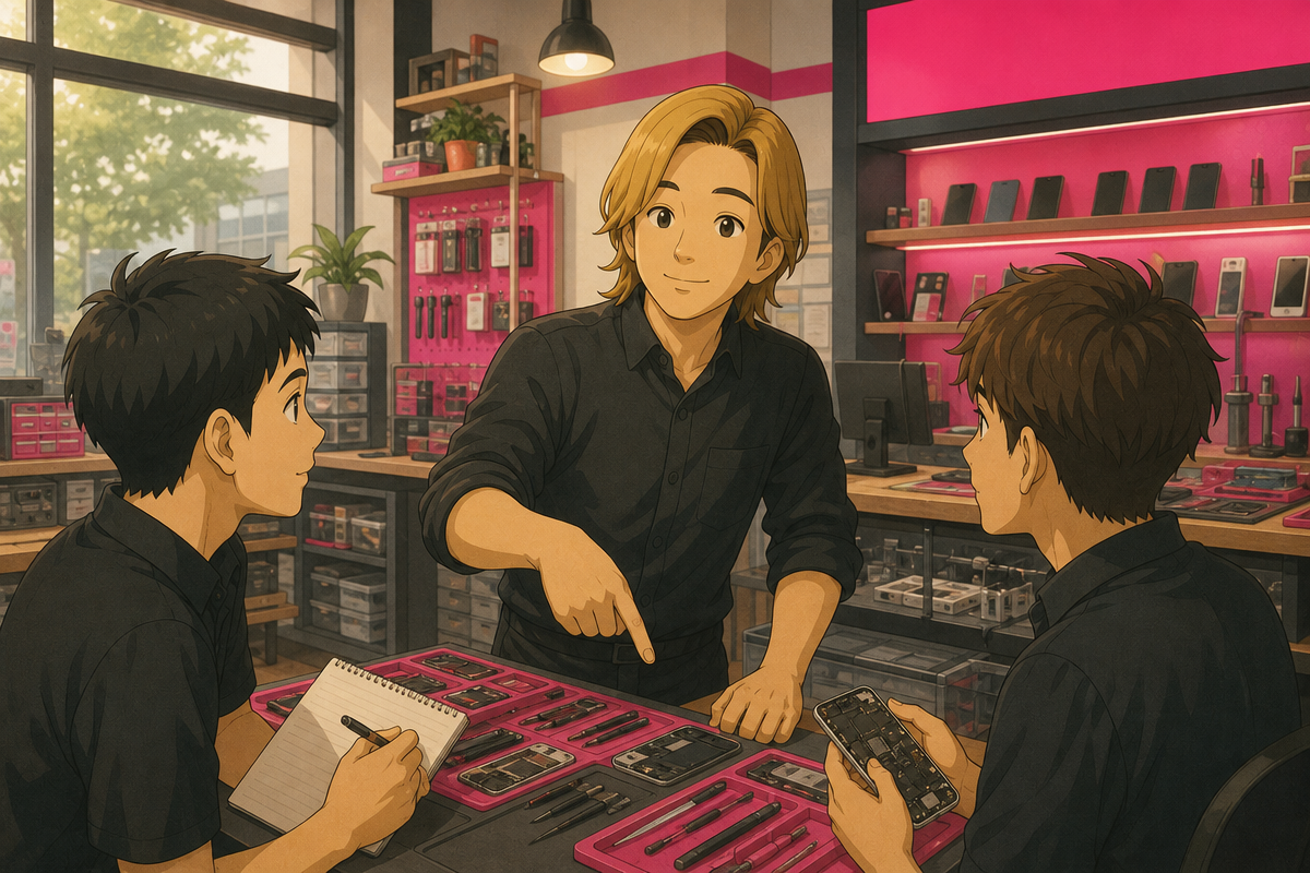 専務の富村レオが店舗の作業台でスタッフ2人に修理技術を指導しているイラスト