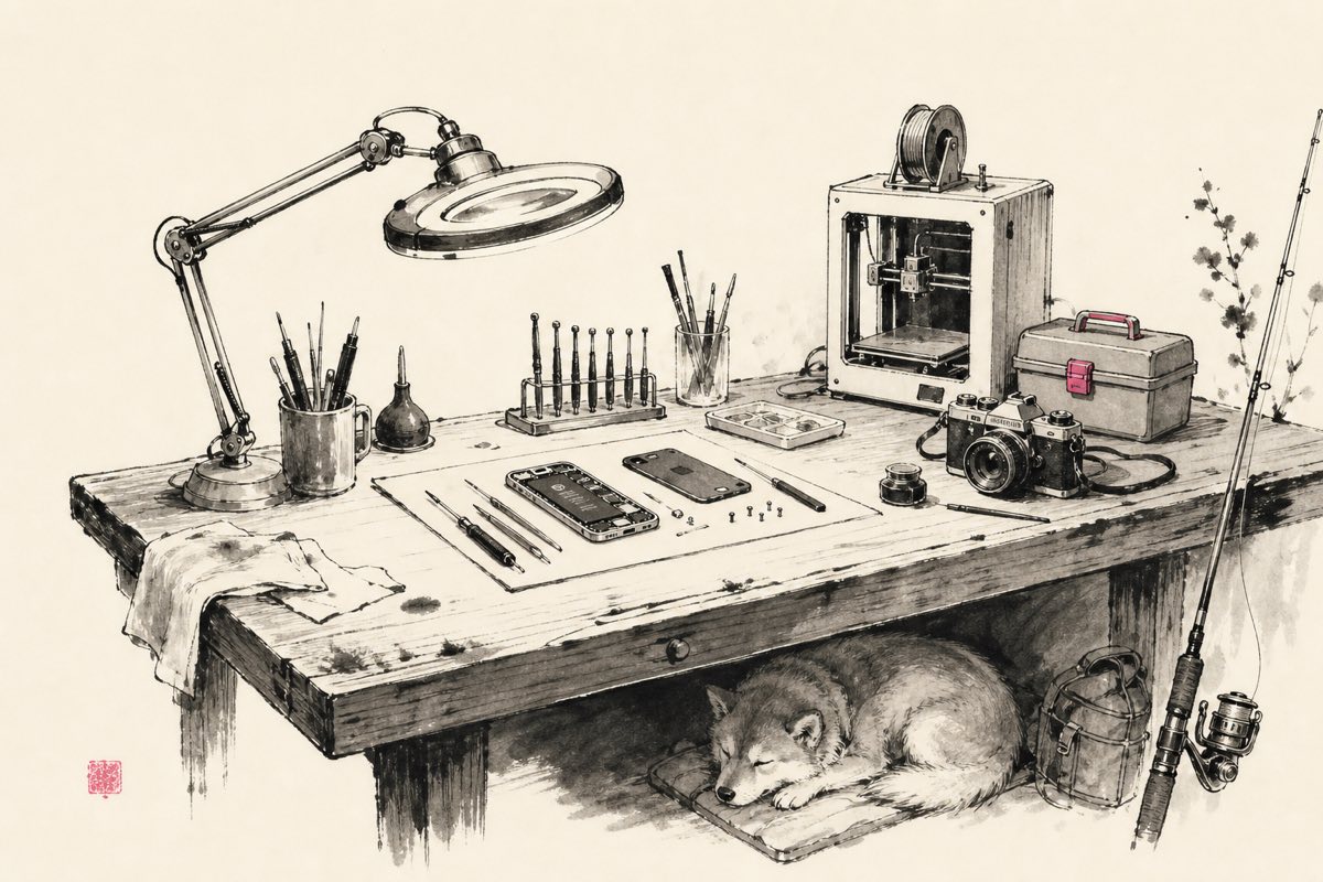 社長の作業机の墨絵イラスト（iPhone修理の道具と3Dプリンター、釣り竿、眠る愛犬）