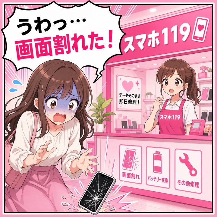 iPhoneを落として画面割れに困るお客様の漫画（沖縄のスマホ119）