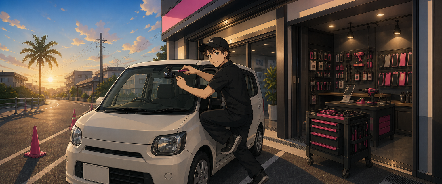 スマホ119宜野湾店の店舗前で田島店長がドラレコを取り付けるイラスト