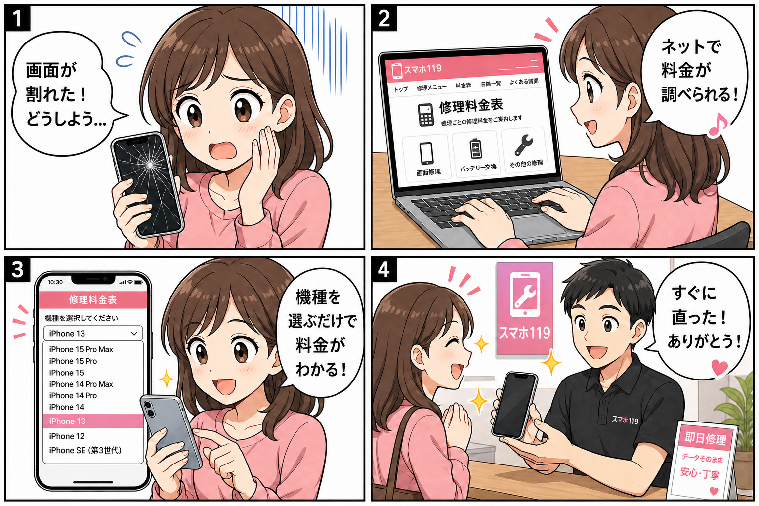 修理料金の調べかた4コマ漫画