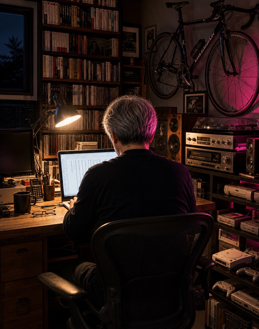 深夜、書斎でnoteを書く社長の後ろ姿